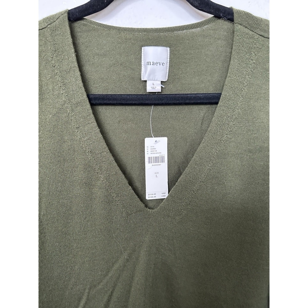 NWT Maeve Anthropologie Merino Wool V-Neck Sweater L Green Slouchy Casual Cozy - Picture 7 of 9